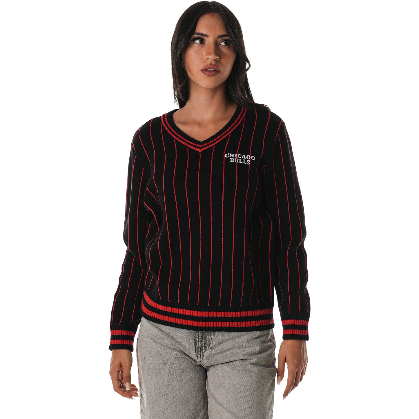 Ladies Chicago Bulls Wild Collective Stripe V-Neck Crew in Black - Front View