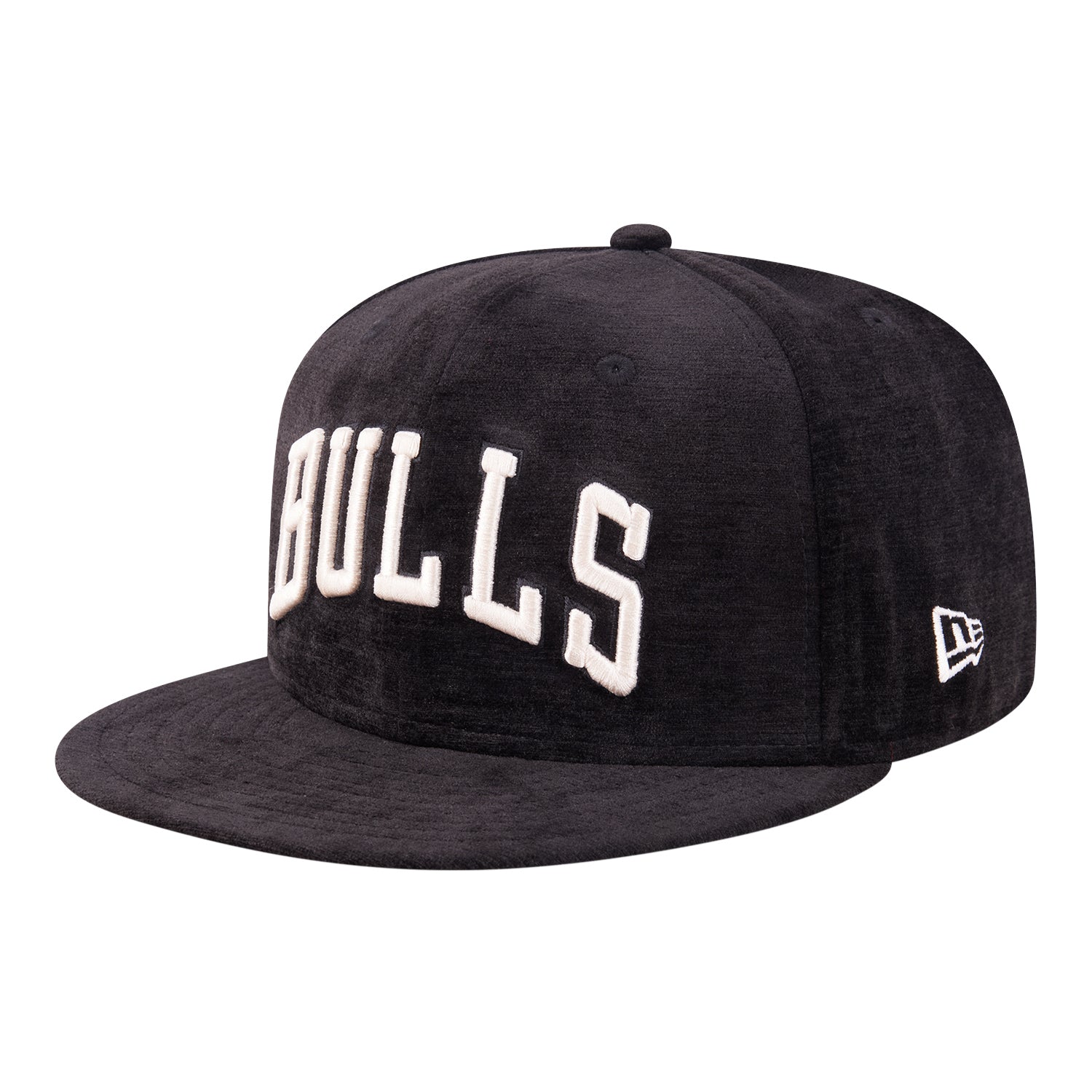 Chicago Bulls New Era Satin 5950 Day Hat in Black - Front Left View