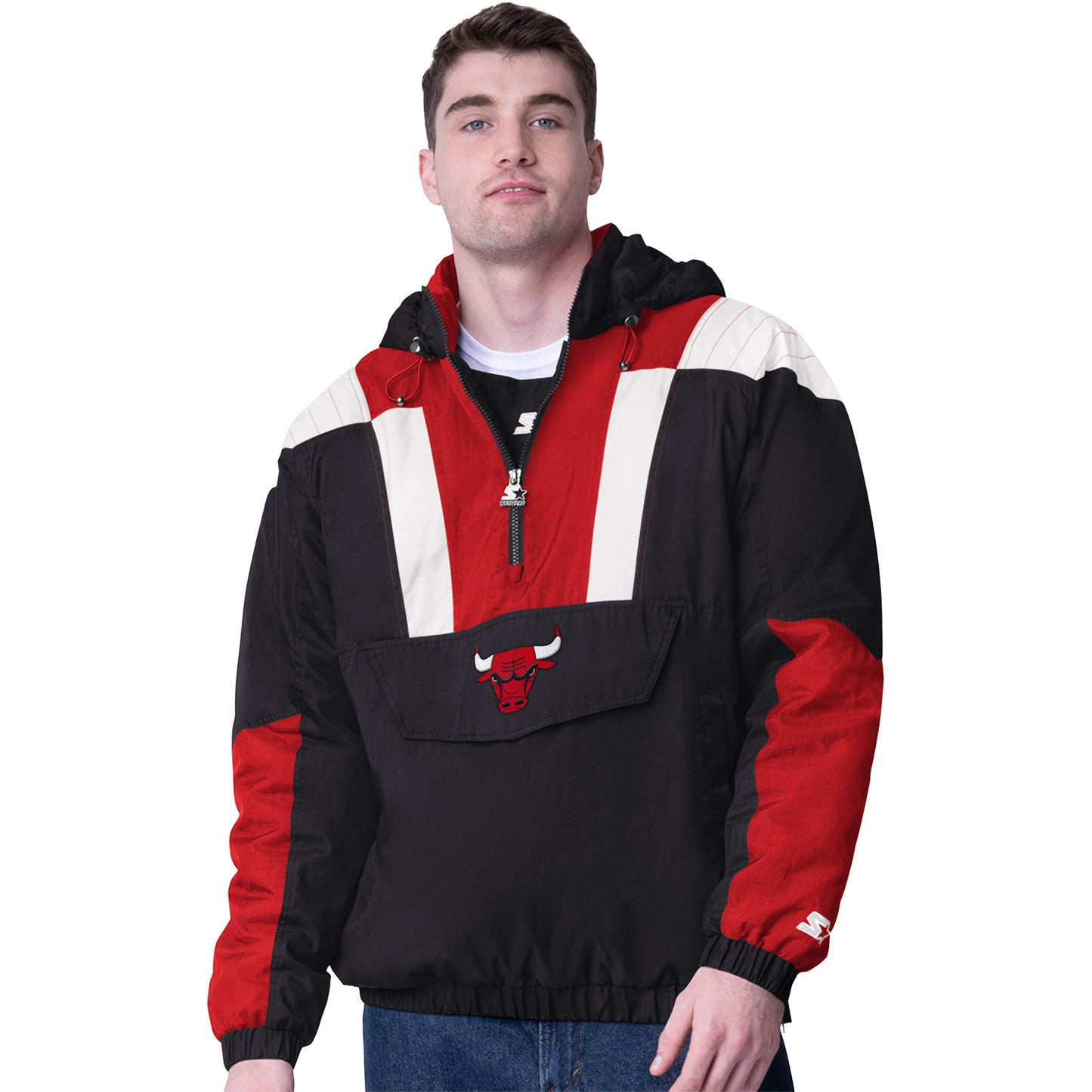 Model wearing Chicago Bulls Starter Retro Nylon 1/4 Zip Jacket - Front View