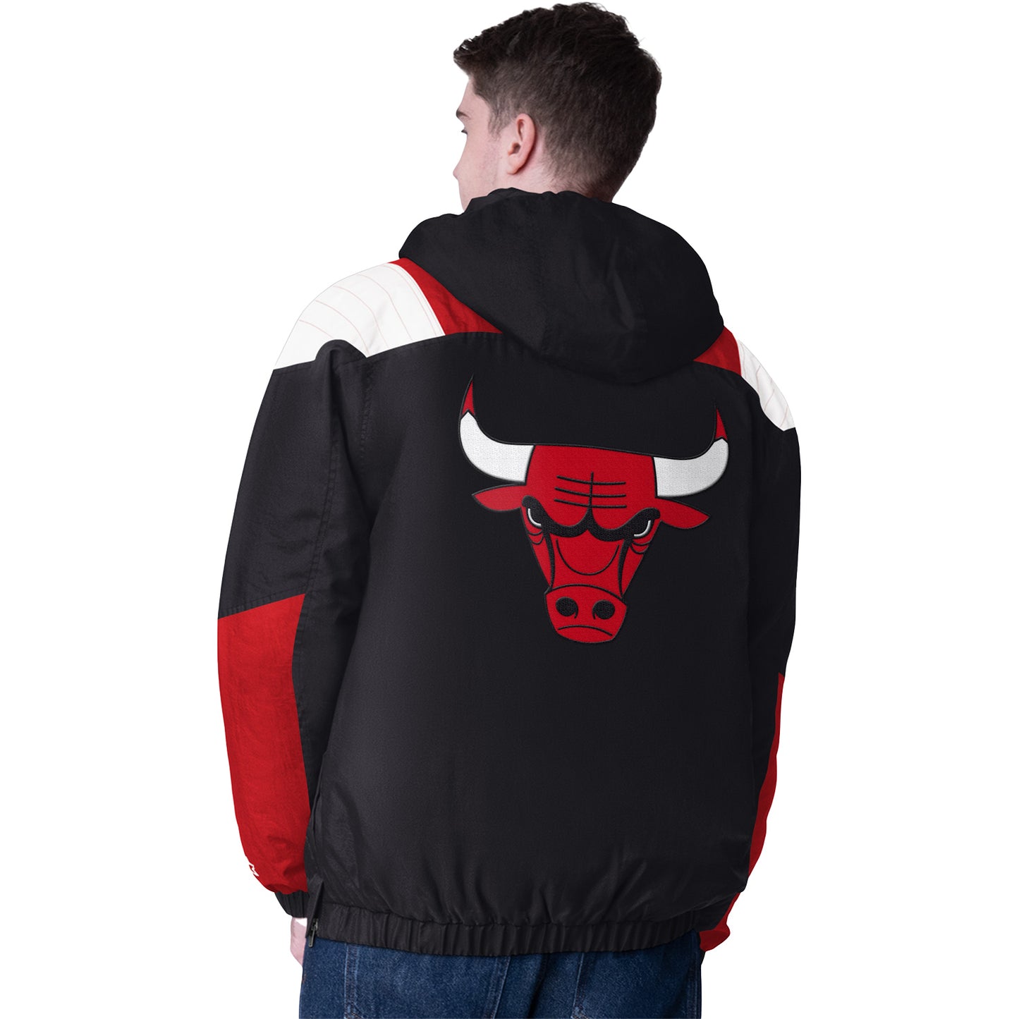 Model wearing Chicago Bulls Starter Retro Nylon 1/4 Zip Jacket - Back View