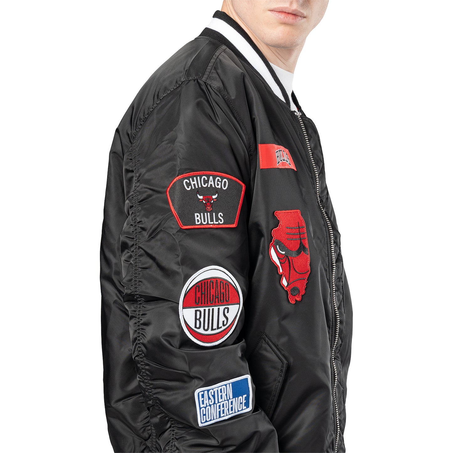 Chicago Bulls New Era Alpha Industries Patch Jacket in Black - Right Arm Detail View