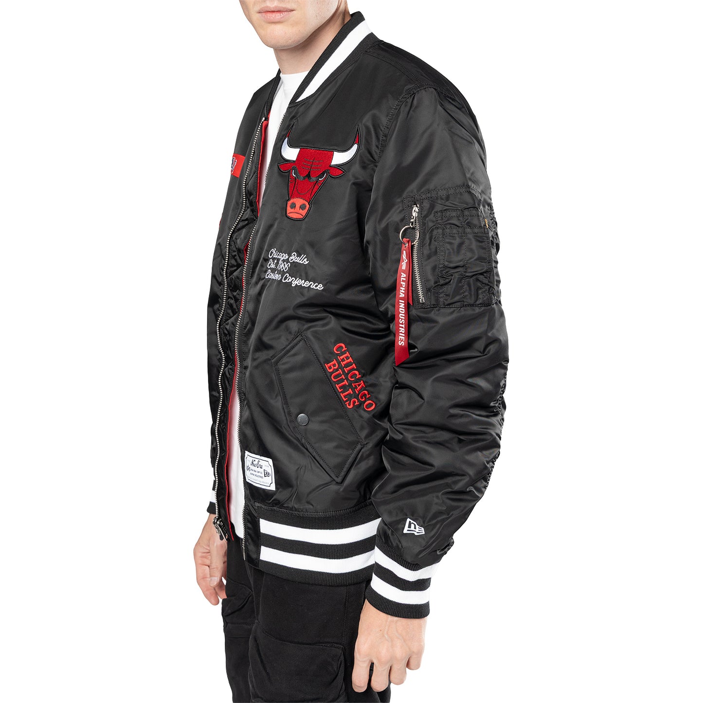 Chicago Bulls New Era Alpha Industries Patch Jacket in Black - Left Side View