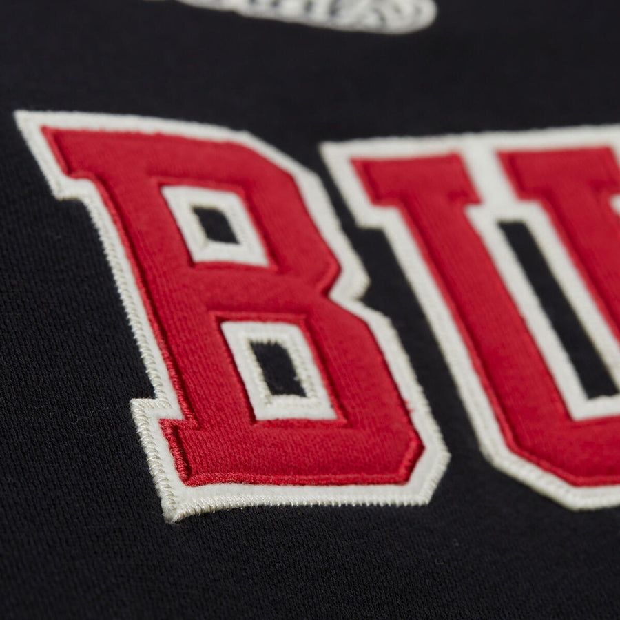 Chicago Bulls Mitchell & Ness Courtside Fleece Hooded Jacket in Black - Chest Embroidered Detail View