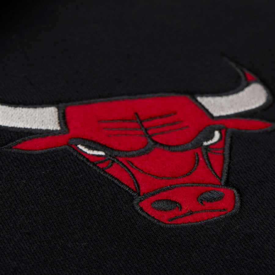 Chicago Bulls Mitchell & Ness Courtside Fleece Hooded Jacket in Black - Logo Embroidered Detail View