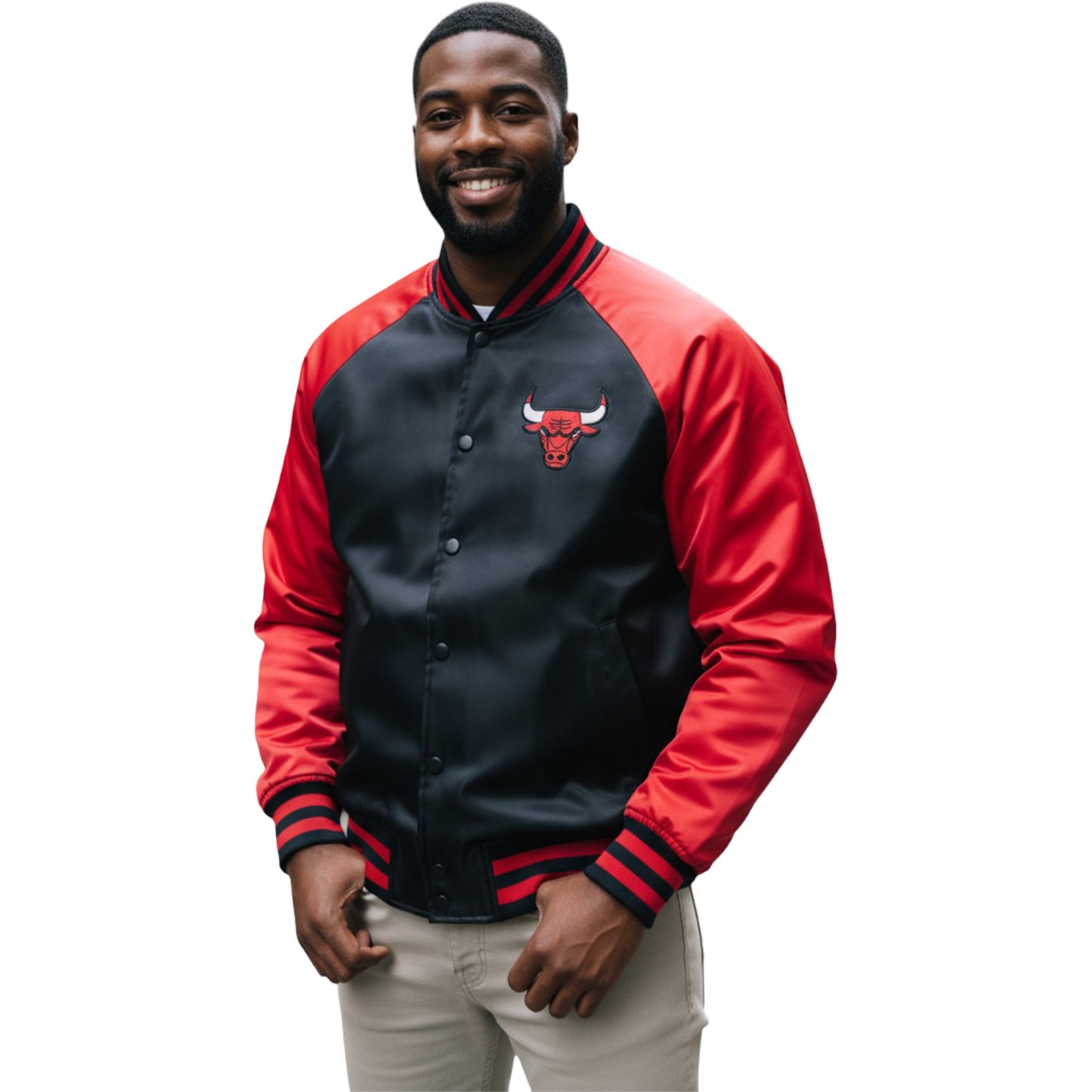 Chicago Bulls 1966 Statement Satin Bomber Jacket in Black - Front View