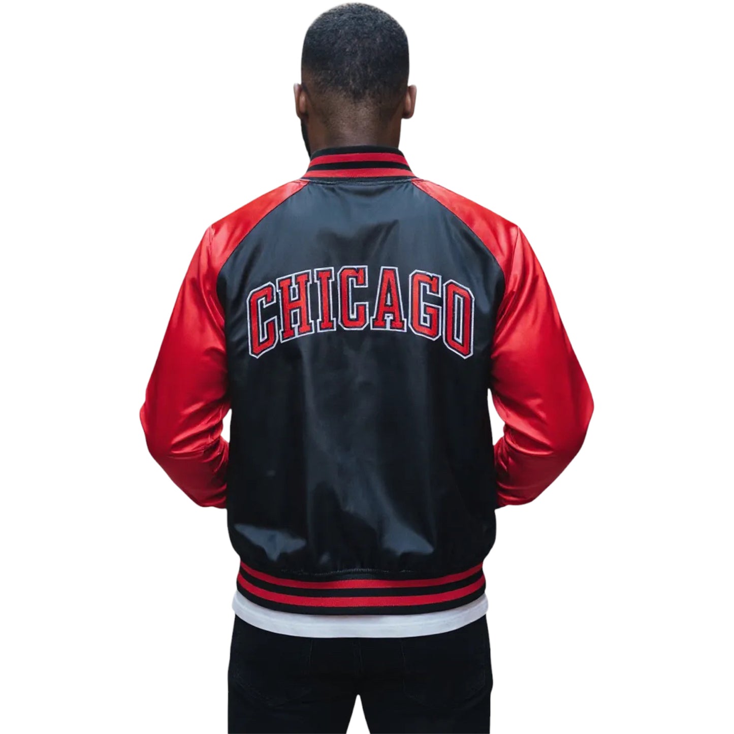 Chicago Bulls 1966 Statement Satin Bomber Jacket in Black - Back View