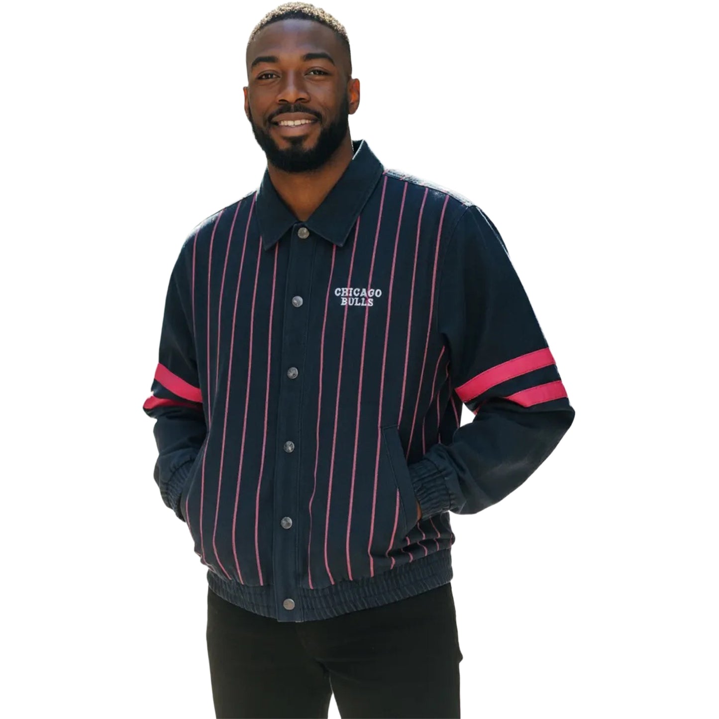 Chicago Bulls 1966 Statement Striped Workwear Jacket in Navy - Front View