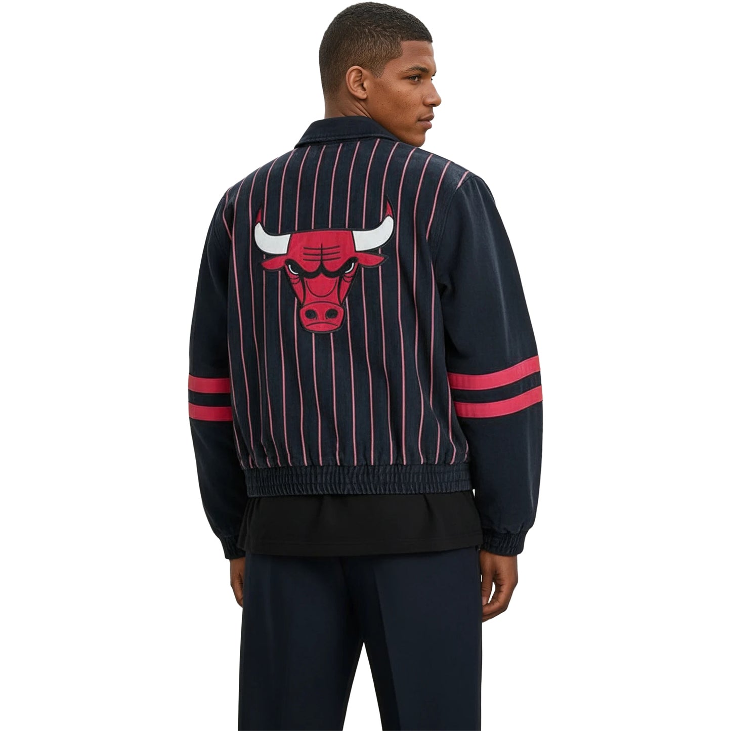 Chicago Bulls 1966 Statement Striped Workwear Jacket in Navy - Back View