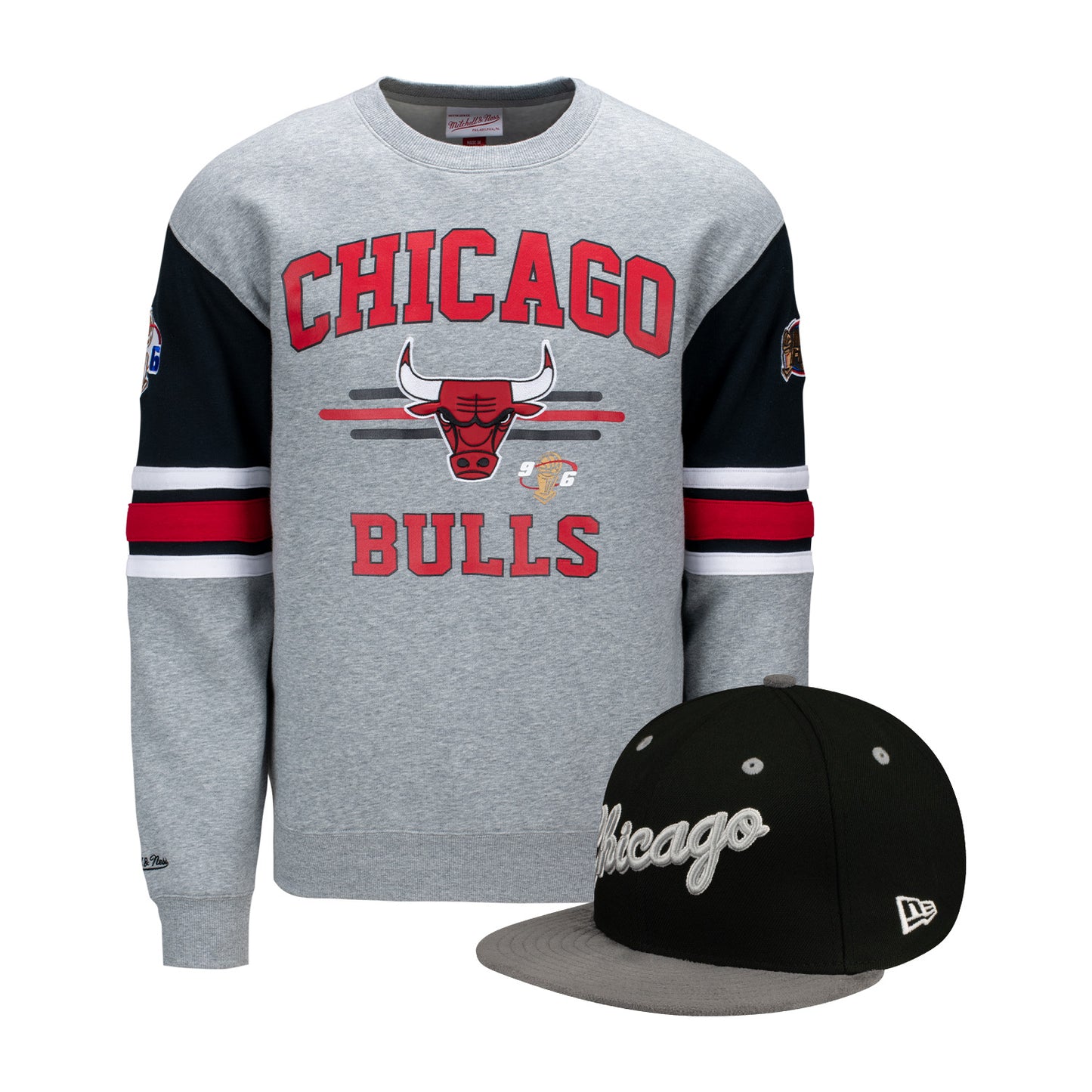 Chicago Bulls Mitchell & Ness '96 Incredibulls Vintage Crewneck & New Era Script Snapback Bundle