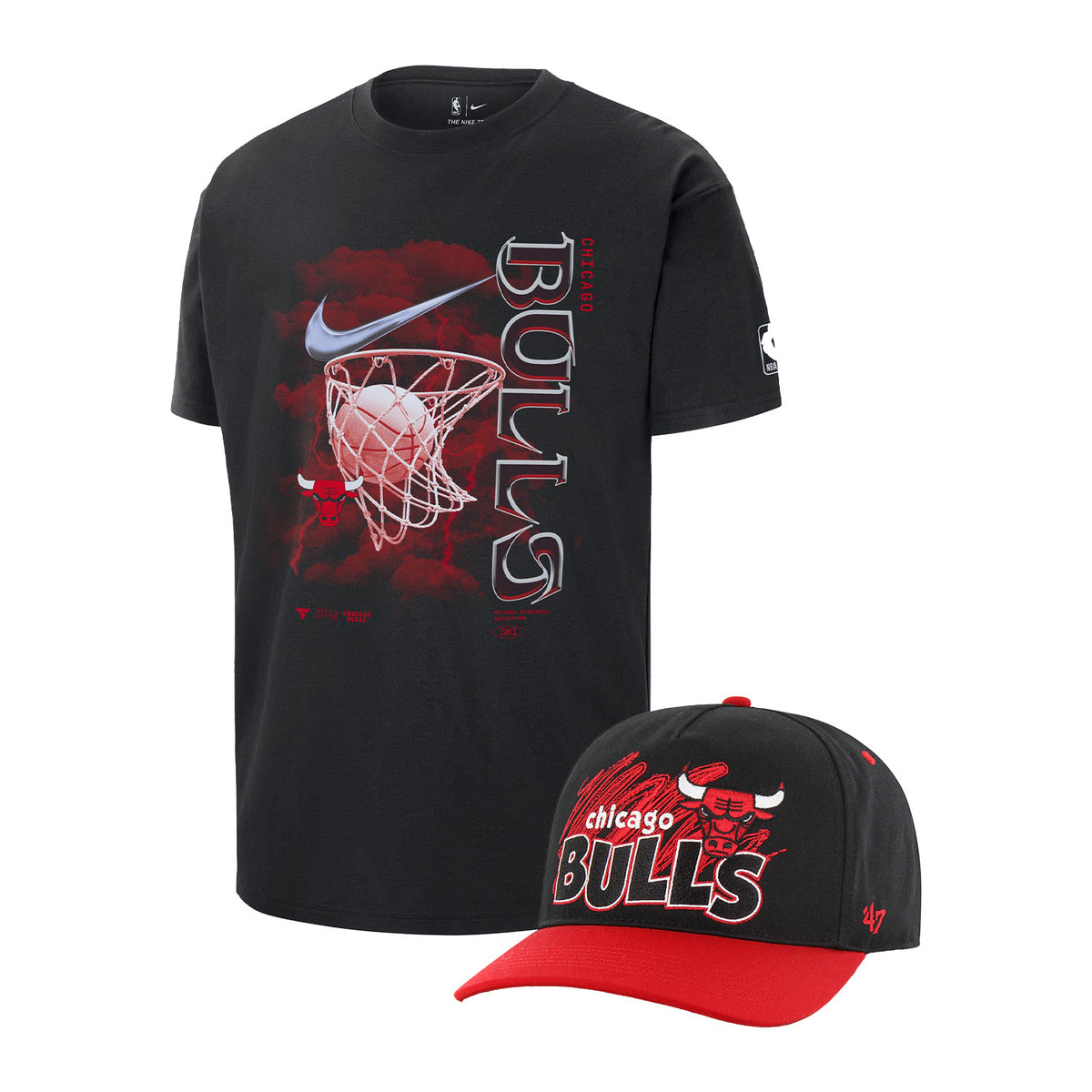 Chicago Bulls Nike Max90 Courtside T-Shirt & '47 Brand Adjustable Skybox Hitch Hat Bundle
