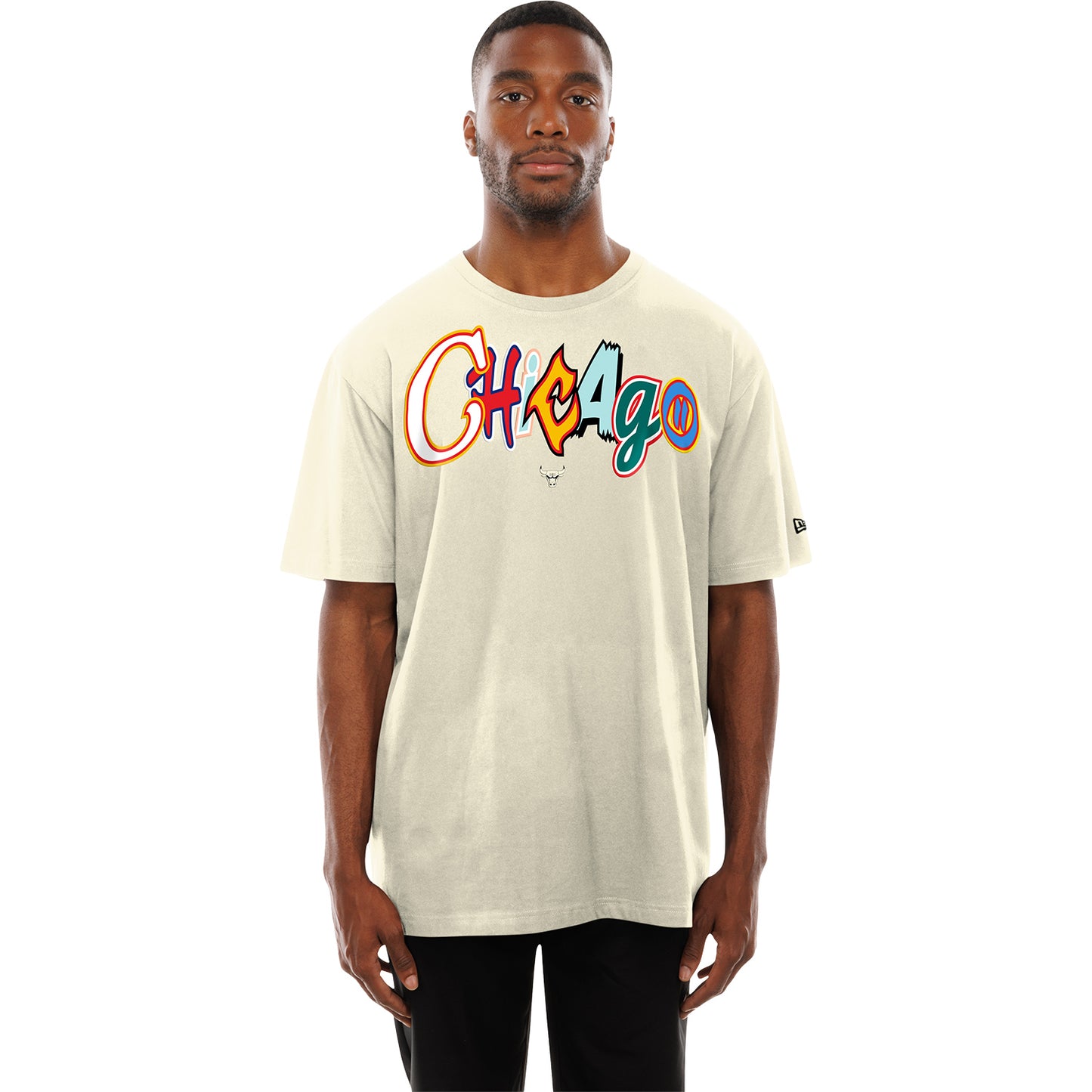 Chicago Bulls New Era Multi-Colored Logo T-Shirt in White - Front View