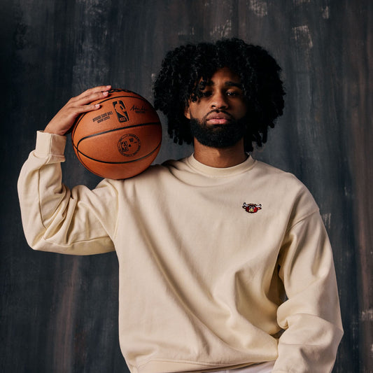 Model Wearing Chicago Bulls 1966 Benny Off-White Crewneck in White 