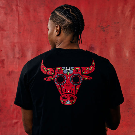 Model Wearing Chicago Bulls 1966 Los Bulls T-Shirt in Black - Front View