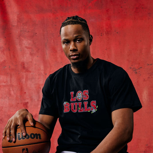 Model Wearing Chicago Bulls 1966 Los Bulls T-Shirt in Black - Front View