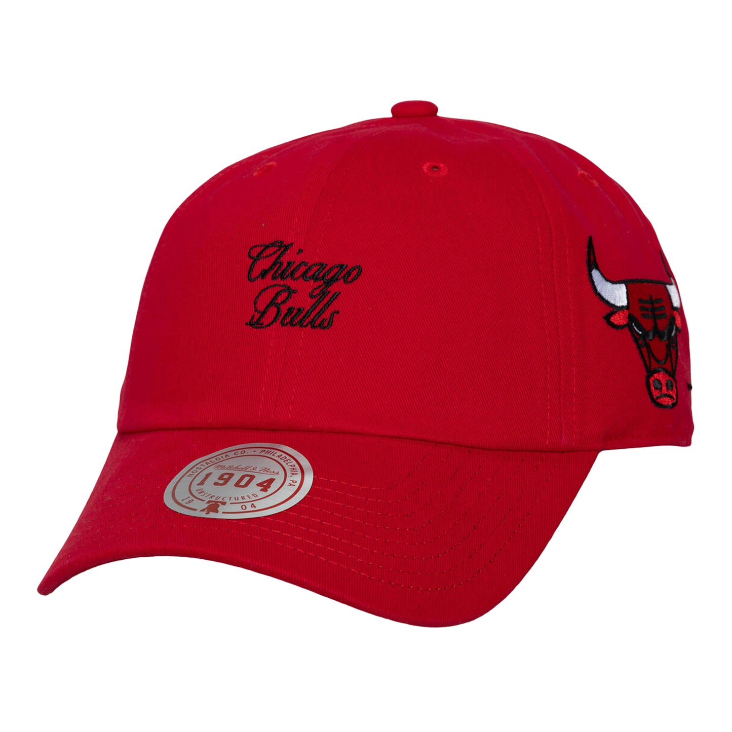 Ladies Chicago Bulls Mitchell & Ness Poplin Script Adjustable Hat in Red - Front Left View