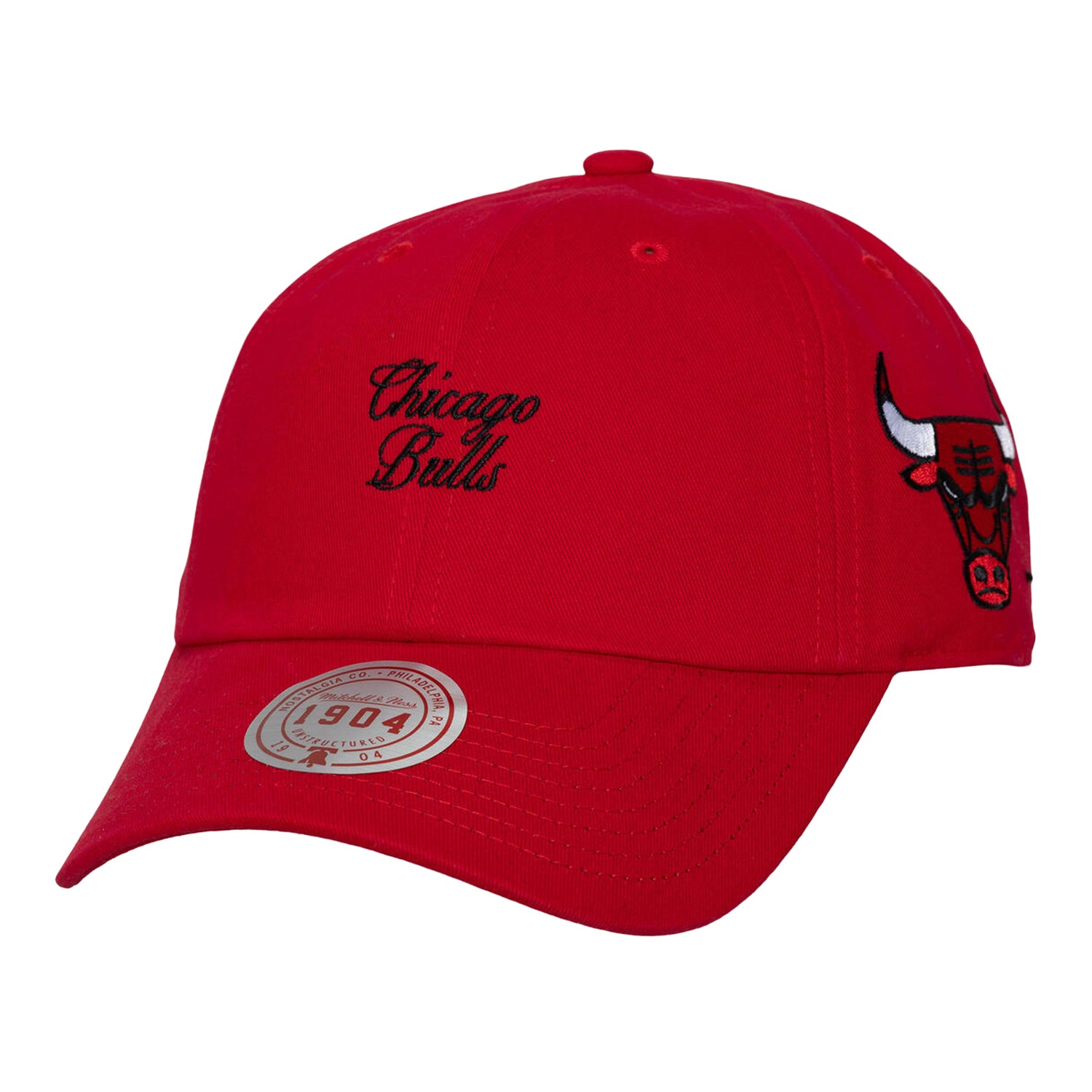 Ladies Chicago Bulls Mitchell & Ness Poplin Script Adjustable Hat in Red - Front Left View