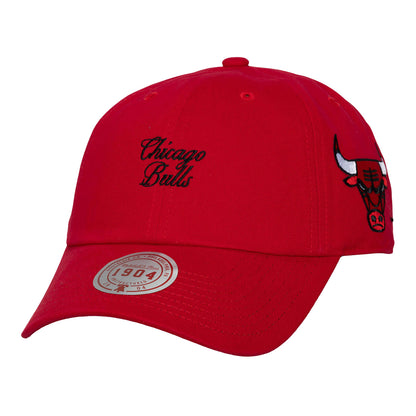 Ladies Chicago Bulls Mitchell & Ness Poplin Script Adjustable Hat in Red - Front Left View