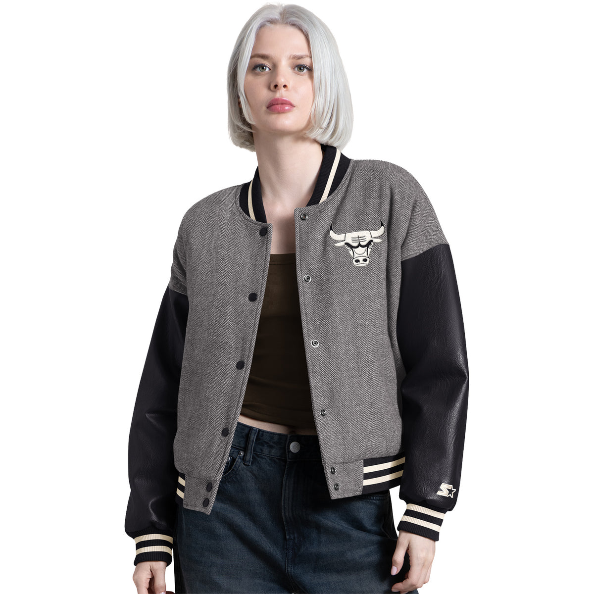 Ladies Chicago Bulls Starter Old School Varsity Cropped Jacket - Front View