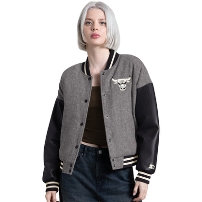 Ladies Chicago Bulls Starter Old School Varsity Cropped Jacket - Front View