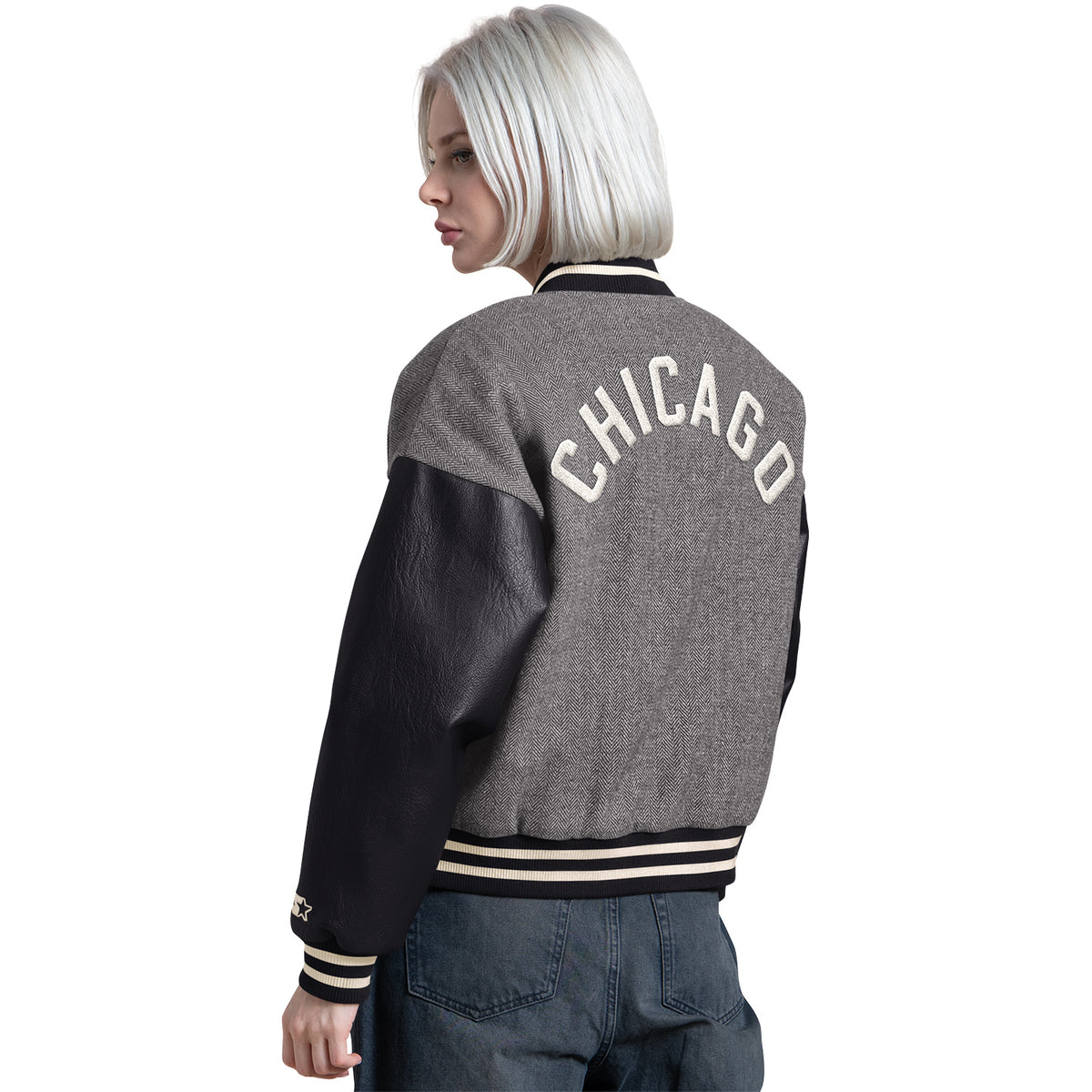 Ladies Chicago Bulls Starter Old School Varsity Cropped Jacket - Back View