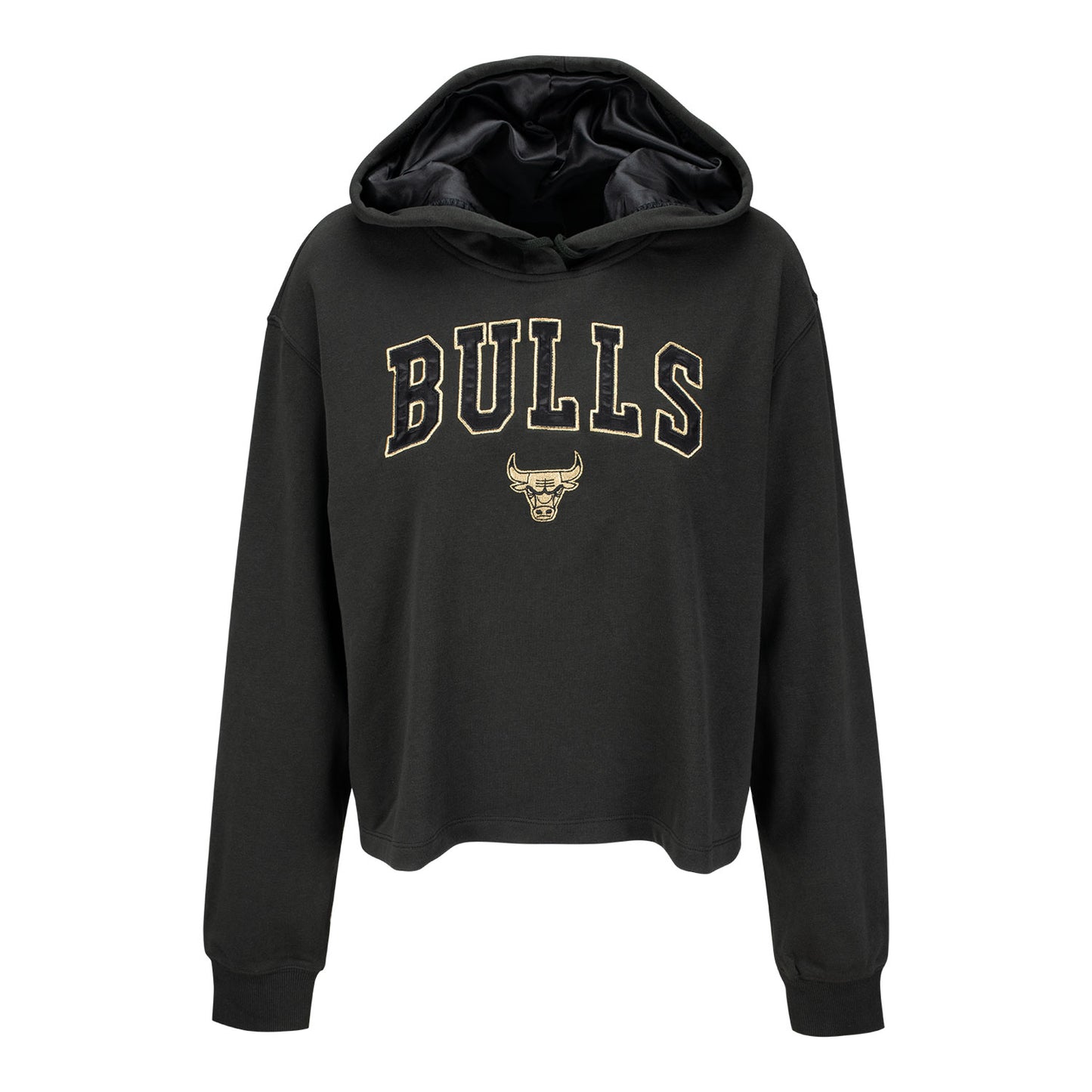 Ladies Chicago Bulls New Era Glam Applique Hooded Sweatshirt in Black - Front View