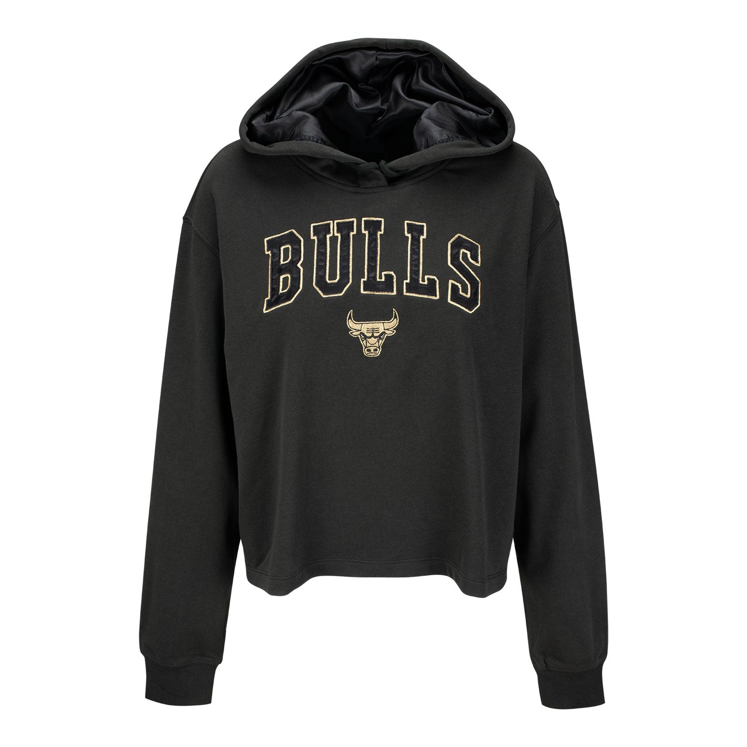 Ladies Chicago Bulls New Era Glam Applique Hooded Sweatshirt in Black - Front View