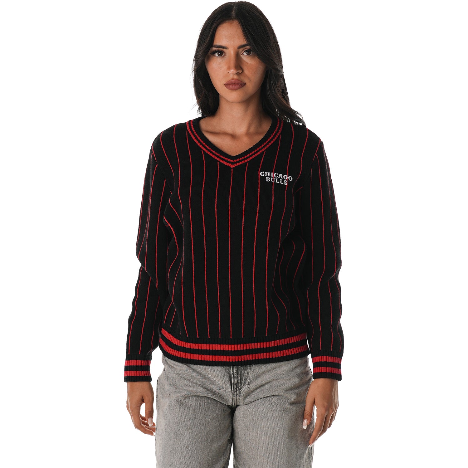 Ladies Chicago Bulls Wild Collective Stripe V-Neck Crew in Black - Front View