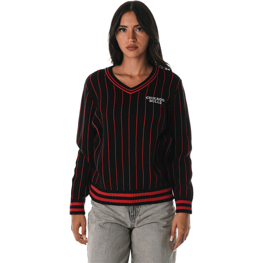 Ladies Chicago Bulls Wild Collective Stripe V-Neck Crew in Black - Front View