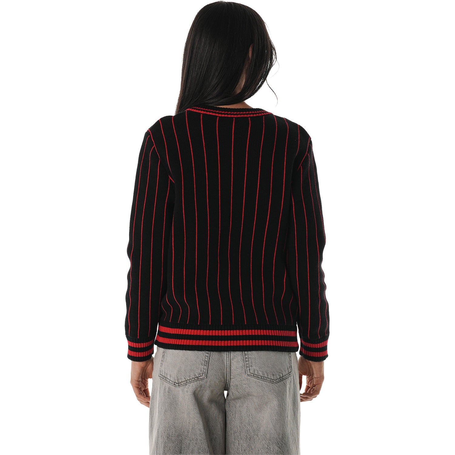 Ladies Chicago Bulls Wild Collective Stripe V-Neck Crew in Black - Back View