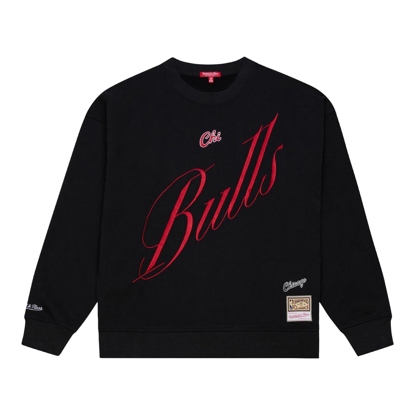 Ladies Chicago Bulls Mitchell & Ness Script Lightweight Crewneck in Black - Front View