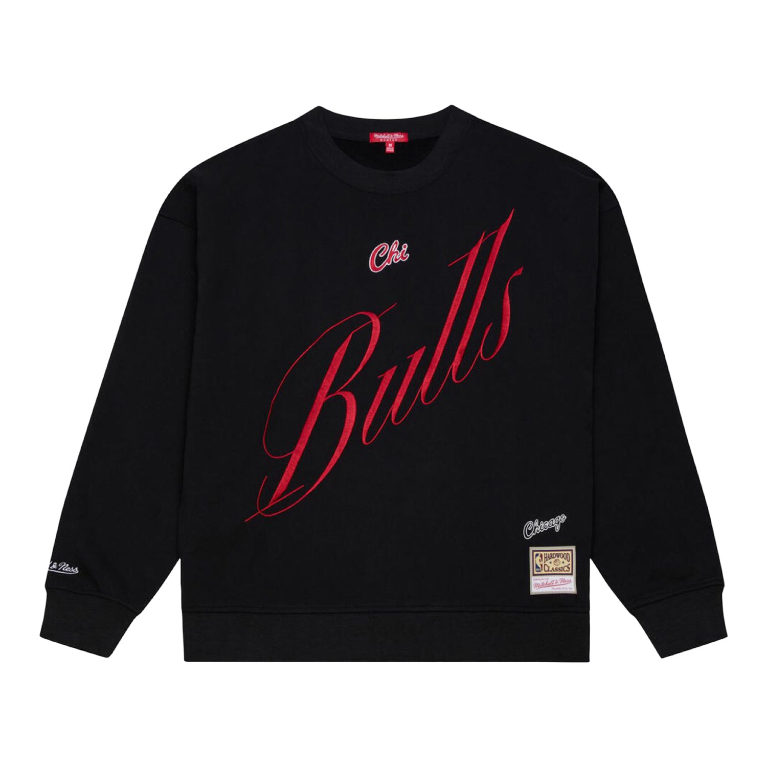 Ladies Chicago Bulls Mitchell & Ness Script Lightweight Crewneck in Black - Front View