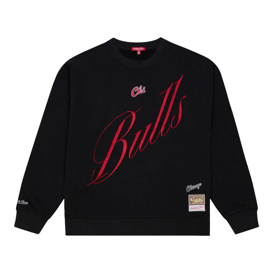 Ladies Chicago Bulls Mitchell & Ness Script Lightweight Crewneck in Black - Front View