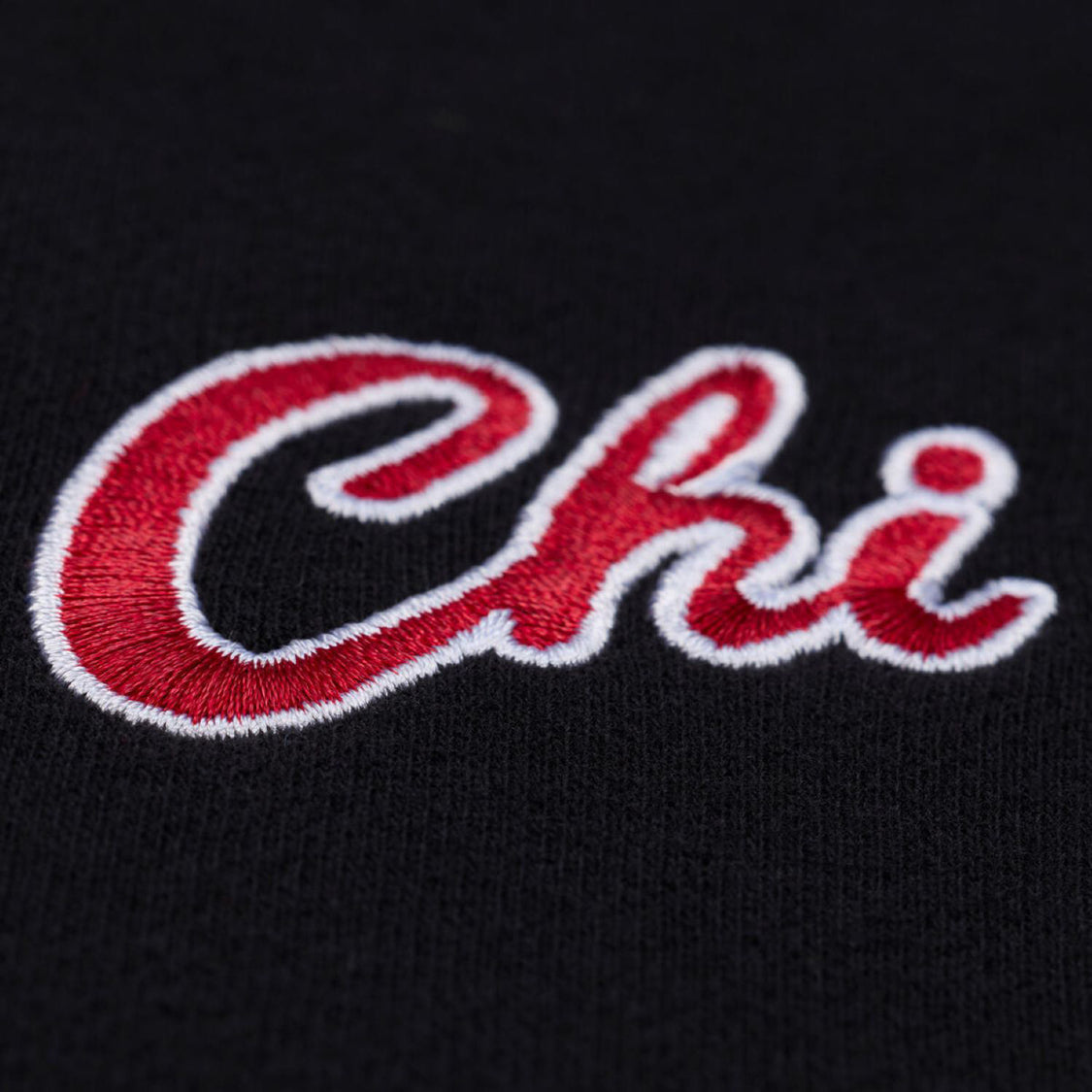Ladies Chicago Bulls Mitchell & Ness Script Lightweight Crewneck in Black - Front Detail View