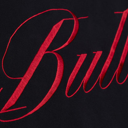 Ladies Chicago Bulls Mitchell & Ness Script Lightweight Crewneck in Black - Front Detail View