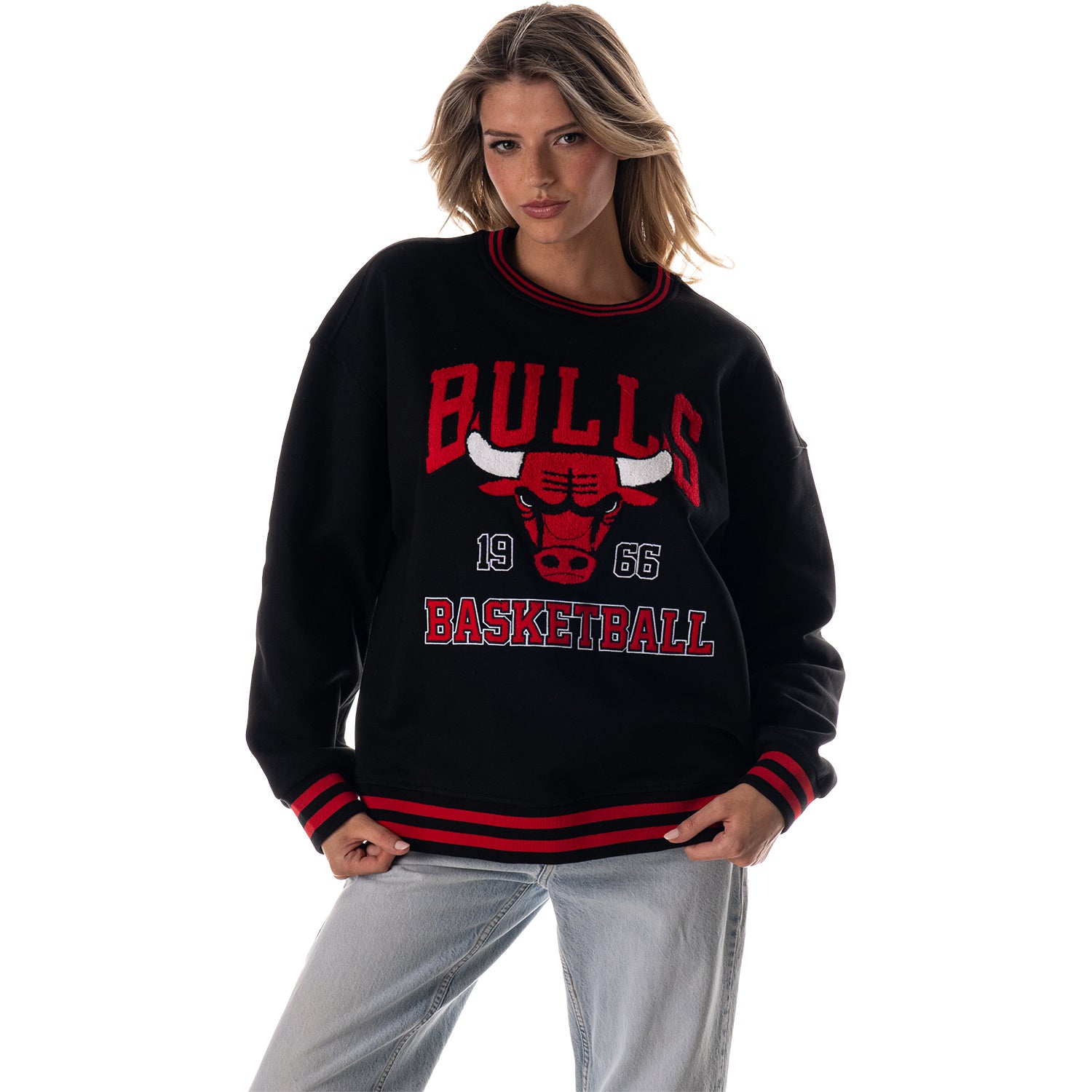 Chicago Bulls Wild Collective Statement Retro Crewneck Sweatshirt in Black - Front View