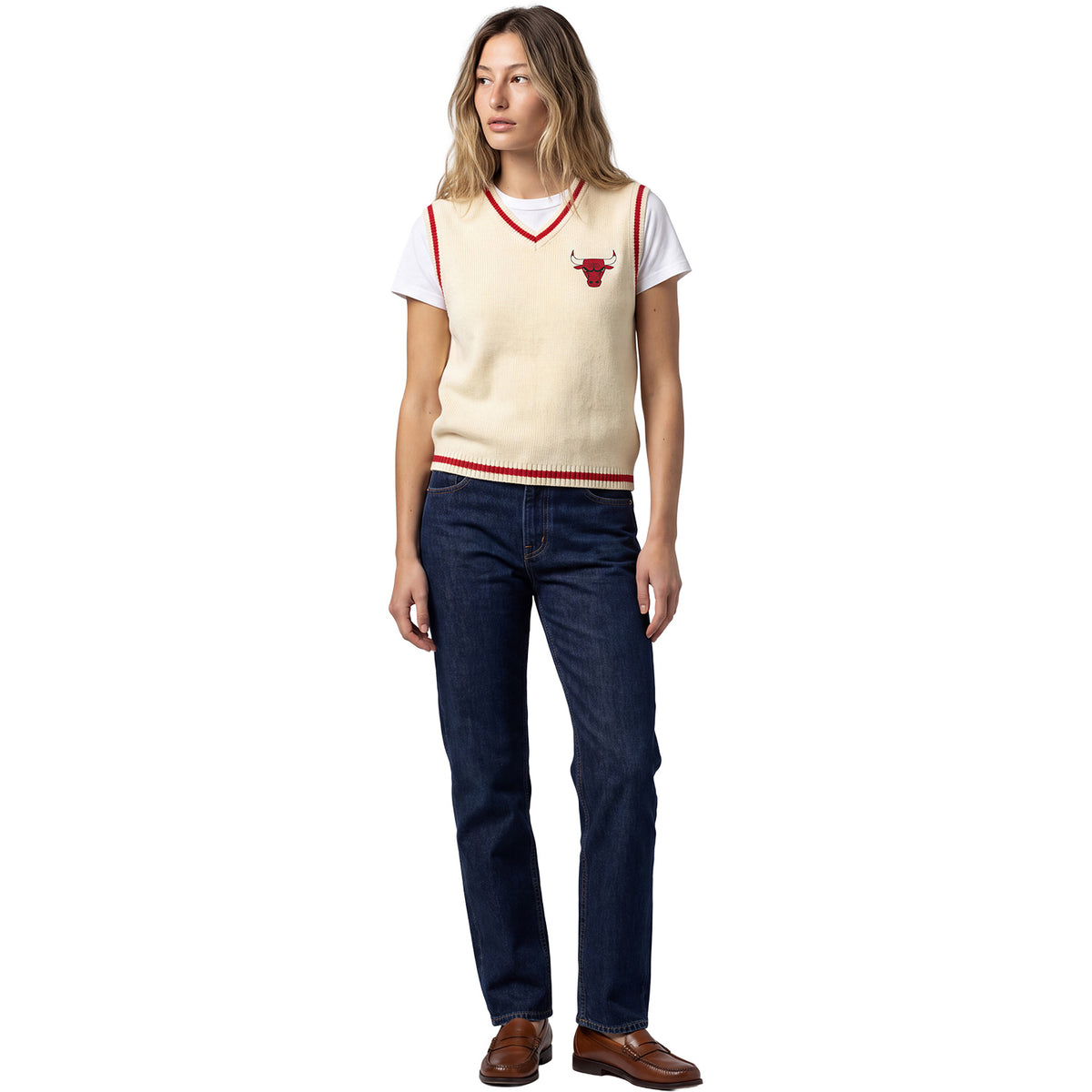 Ladies Chicago Bulls Mitchell & Ness Retro Roots Sweater Vest in Cream - Model Wearing