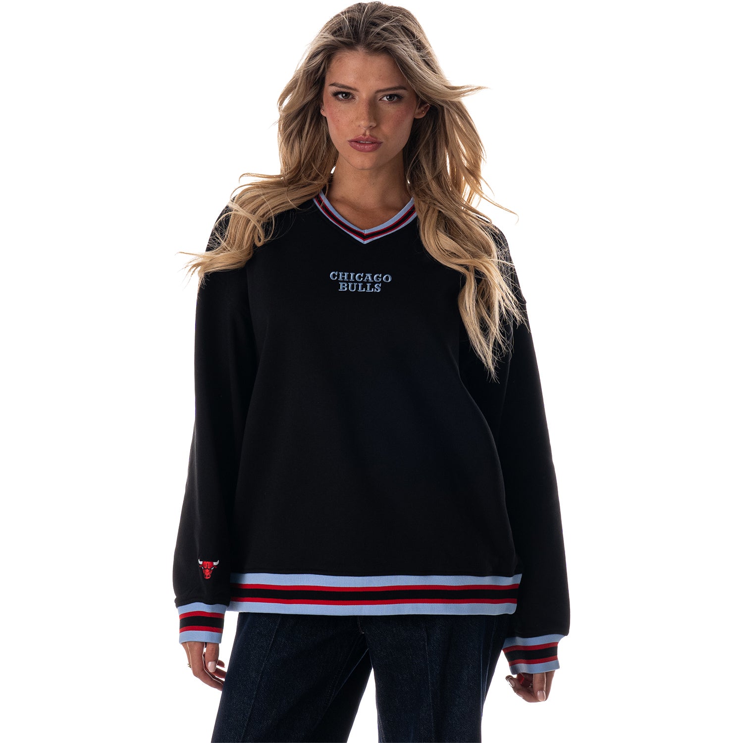 Ladies Chicago Bulls Wild Collective City Edition Jacquard V-Neck Sweater in Black - Front View