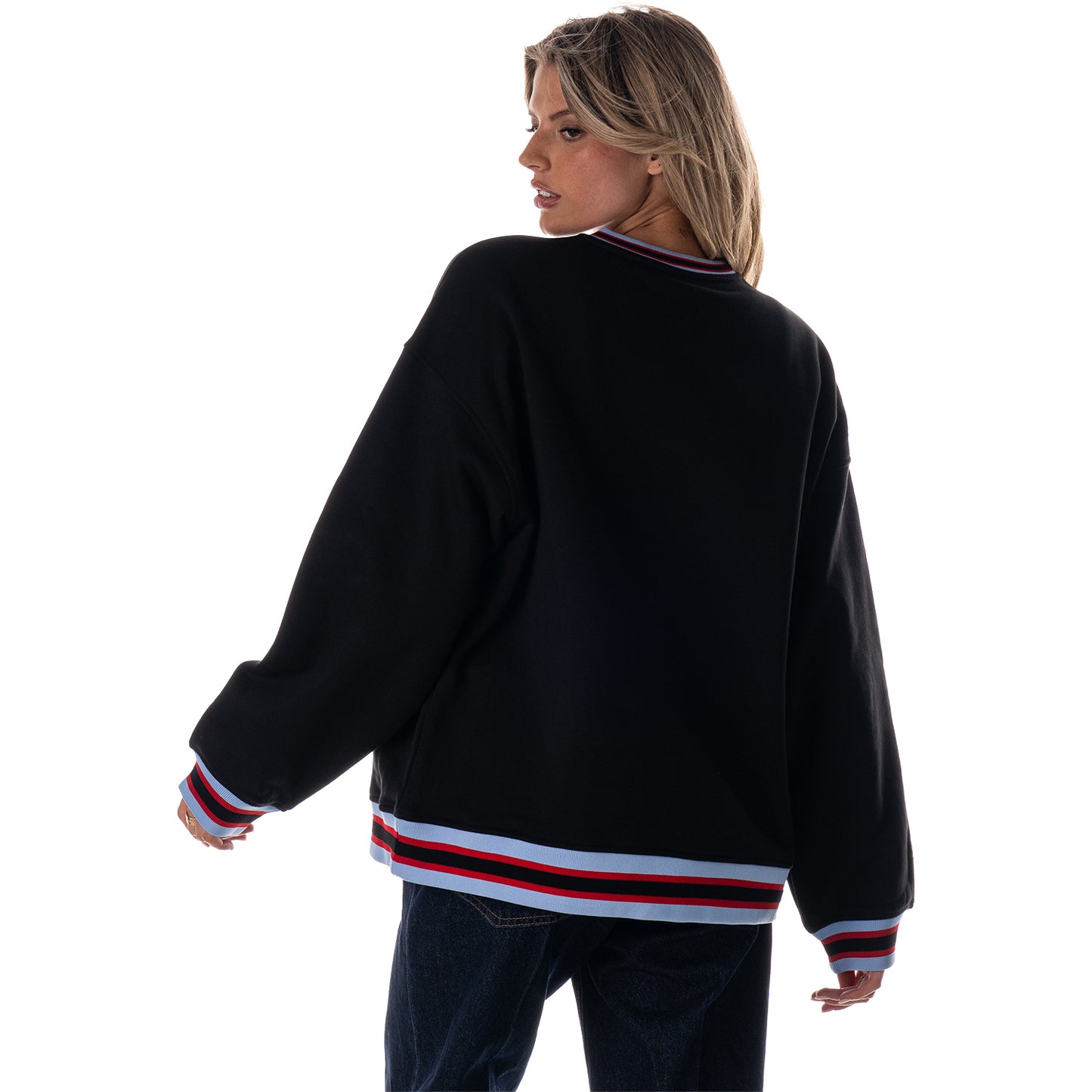 Ladies Chicago Bulls Wild Collective City Edition Jacquard V-Neck Sweater in Black - Back View
