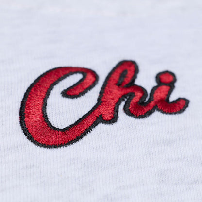 Ladies Chicago Bulls Mitchell & Ness Script Cropped T-Shirt in White - Front Detail View