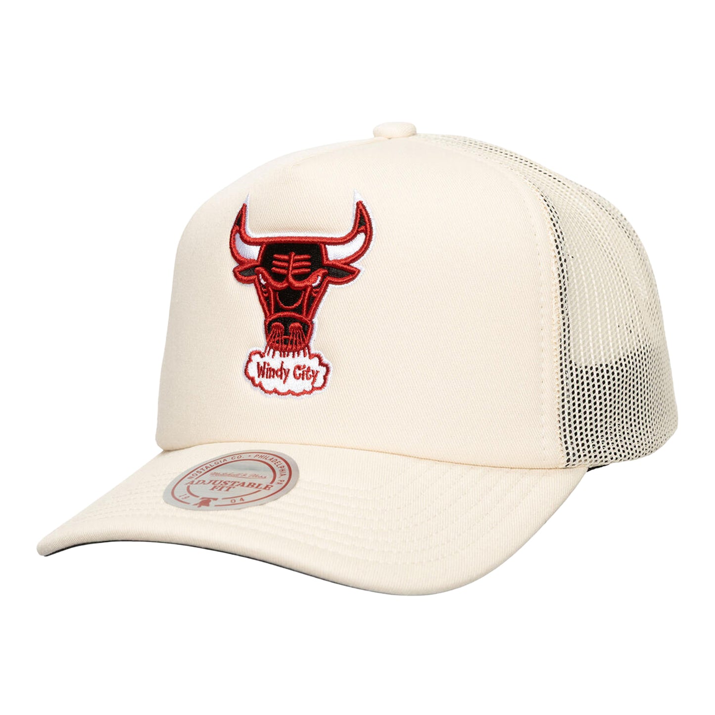 Chicago Bulls Mitchell & Ness Evergreen Trucker Hat in White - Front left view