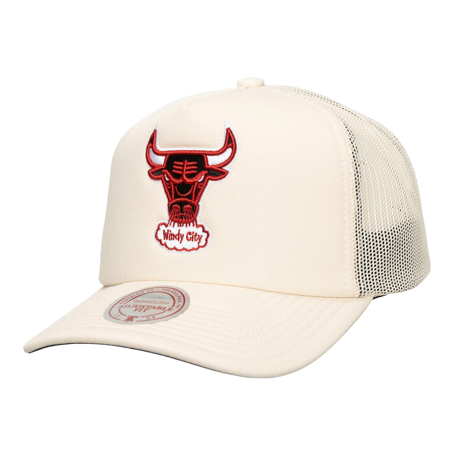 Chicago Bulls Mitchell & Ness Evergreen Trucker Hat in White - Front left view