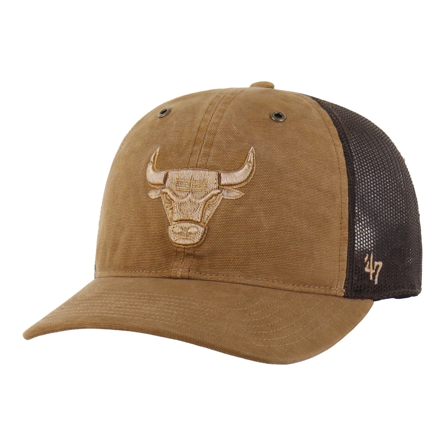 Chicago Bulls 47 Brand Carhartt GD Trucker Snapback in Brown - Front Left View