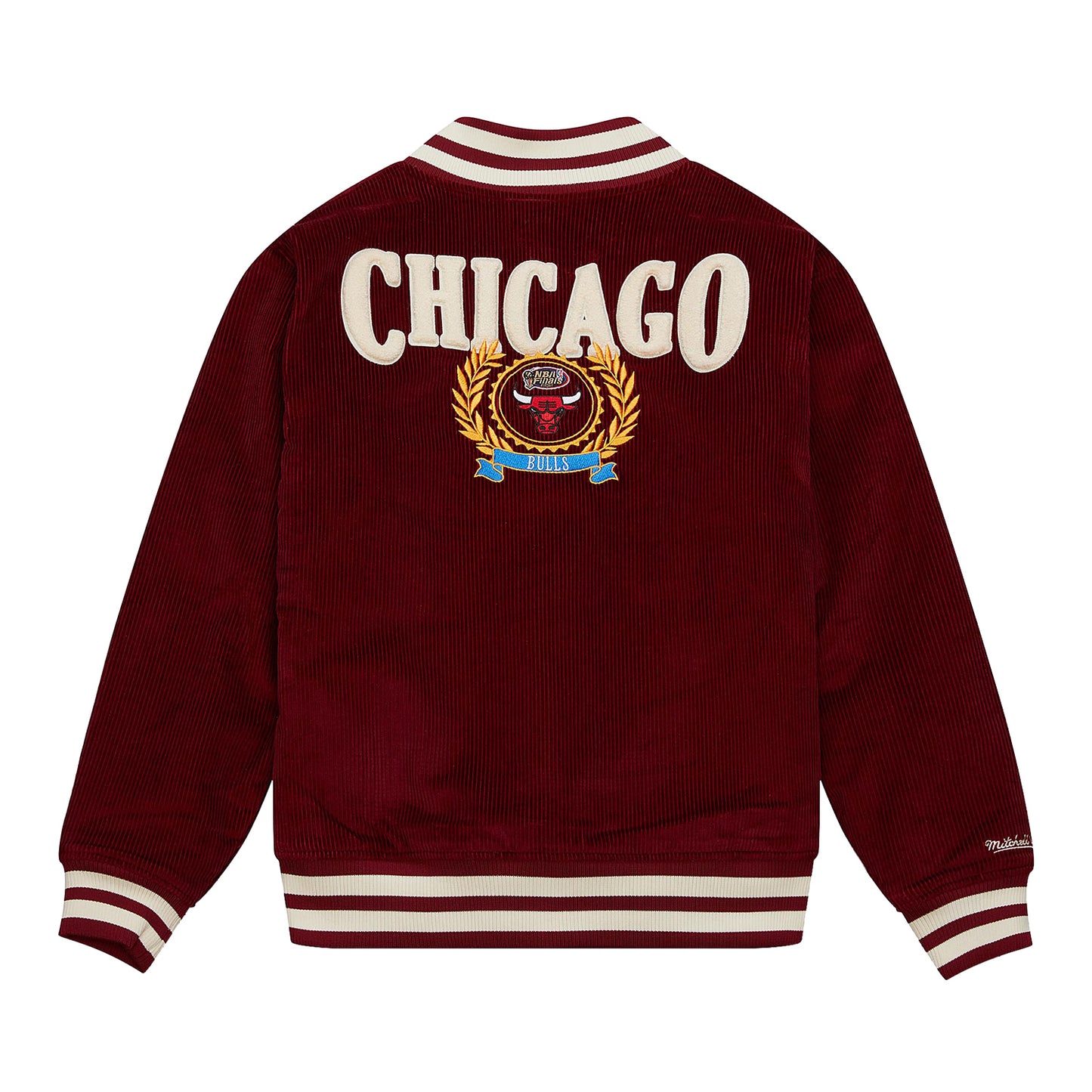 Chicago Bulls Mitchell & Ness Collegiate Varsity Jacket in red - back view