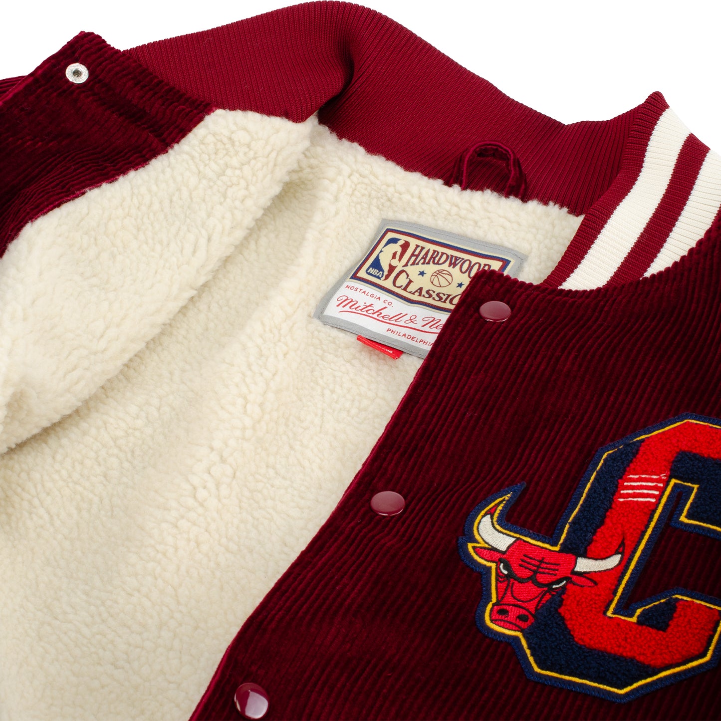 Chicago Bulls Mitchell & Ness Collegiate Varsity Jacket - close up view