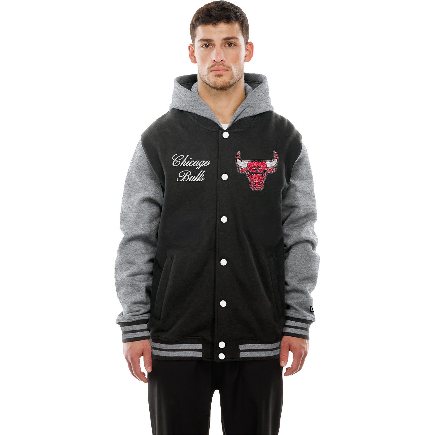 Model Wearing Chicago Bulls New Era Varsity Laurel Jacket - Front View