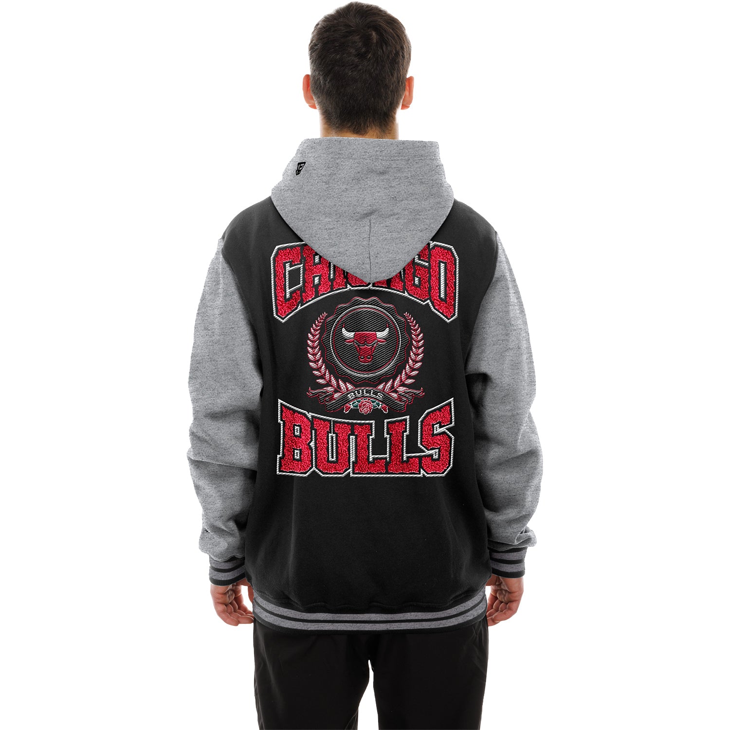 Model Wearing Chicago Bulls New Era Varsity Laurel Jacket - Back view