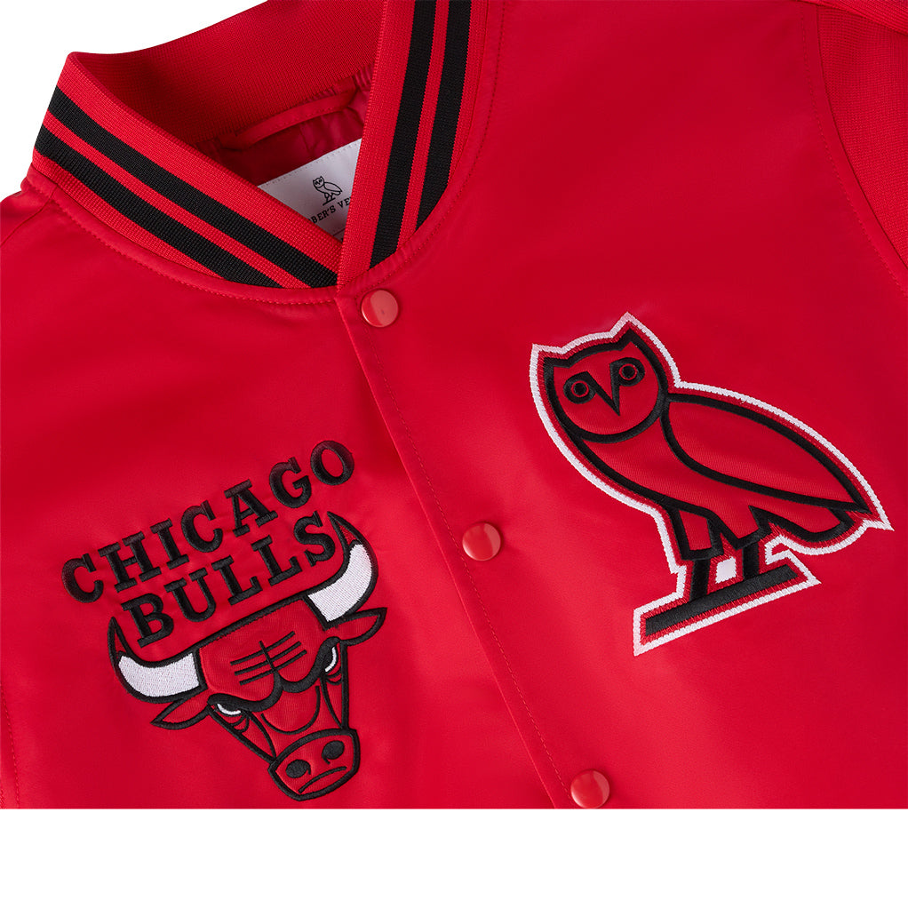 Chicago Bulls X OVO Satin Varsity Jacket - Front Applique Details