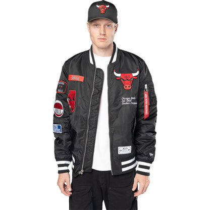 Chicago Bulls New Era Alpha Industries Patch Jacket in Black - Front View