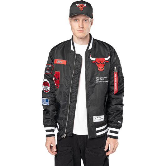 Chicago Bulls New Era Alpha Industries Patch Jacket in Black - Front View
