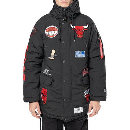 Chicago Bulls New Era Alpha Industries Patch Parka Coat in Black - Front View